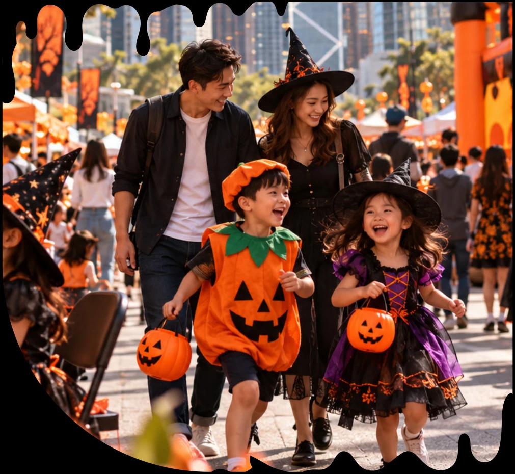 A family in Halloween costumes enjoying Central