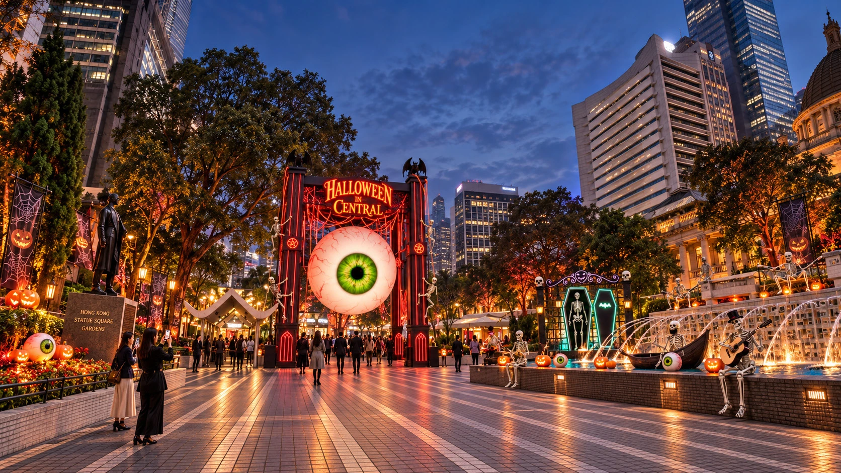 A wider view of Statue Square’s illuminated Halloween installations and fountain