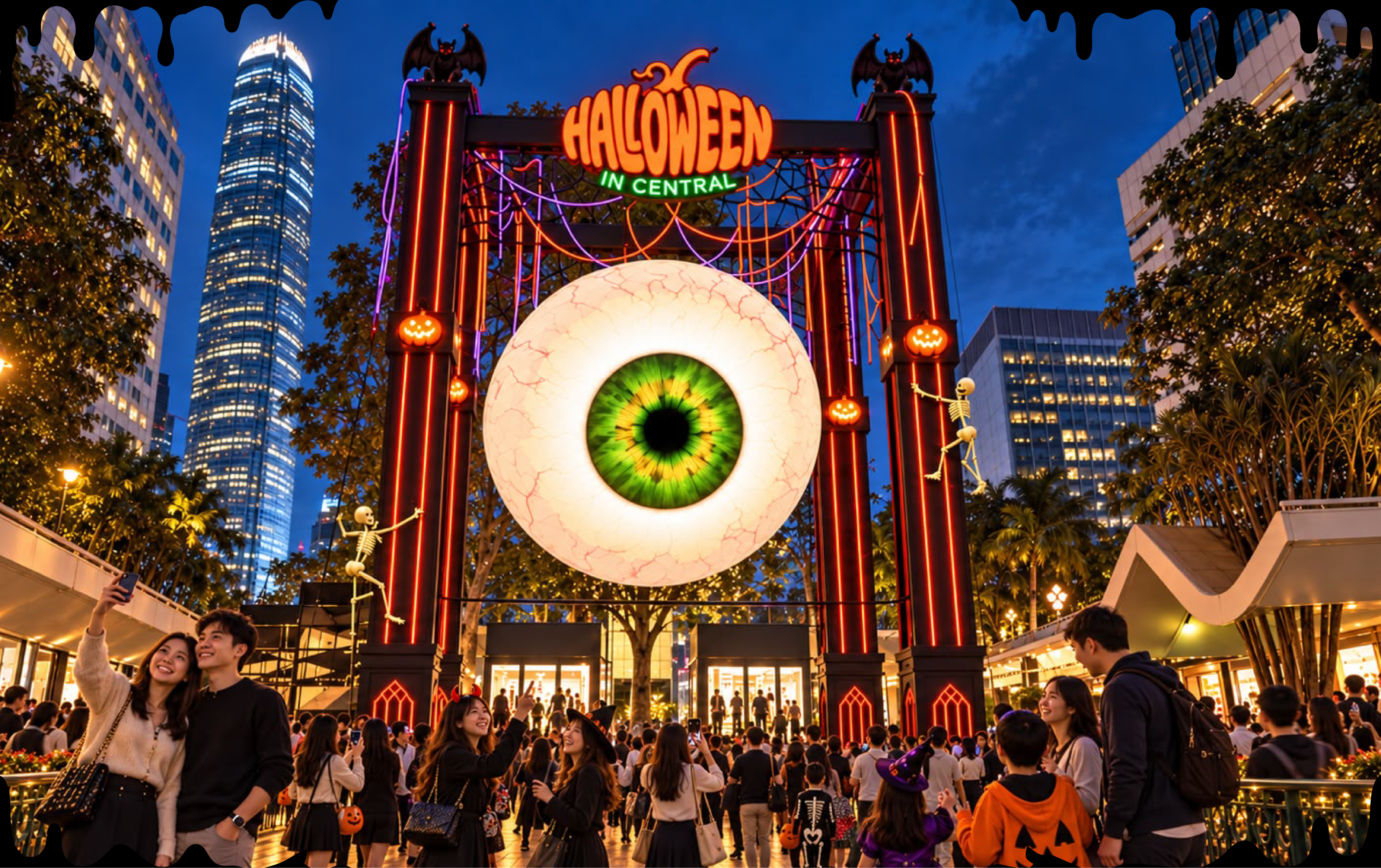 An illuminated giant eyeball gateway welcomes visitors to Halloween in Central at night
