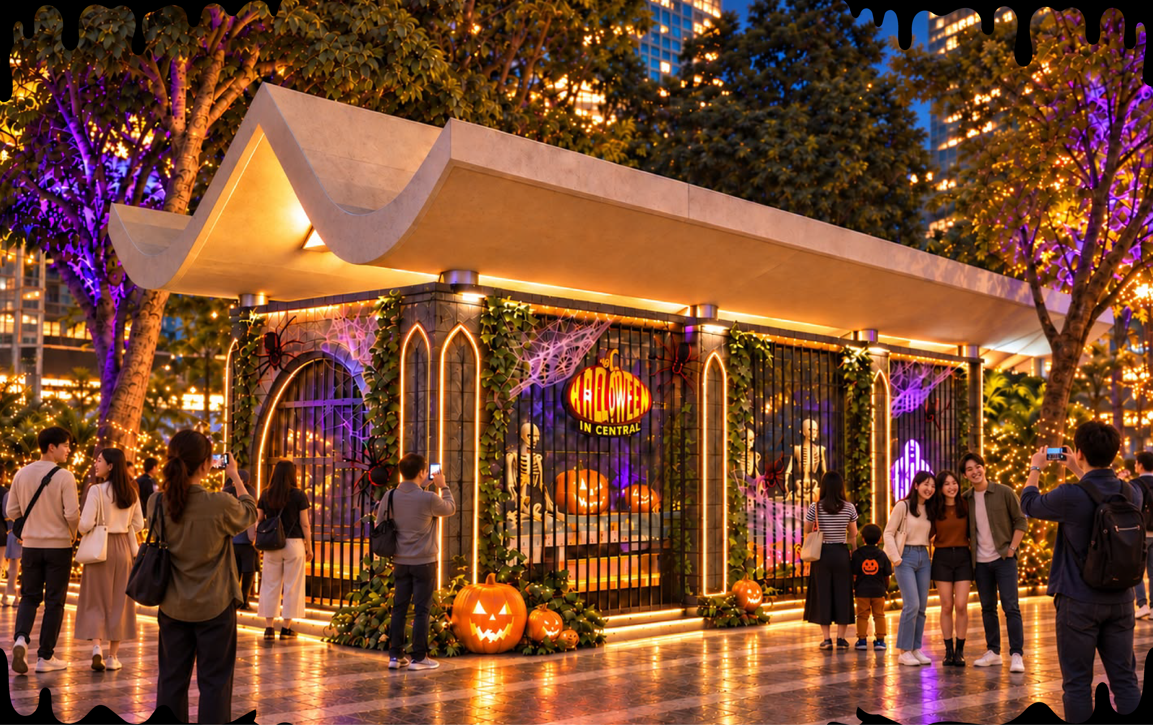Halloween skeletons and pumpkins at the Statue Square pavilion