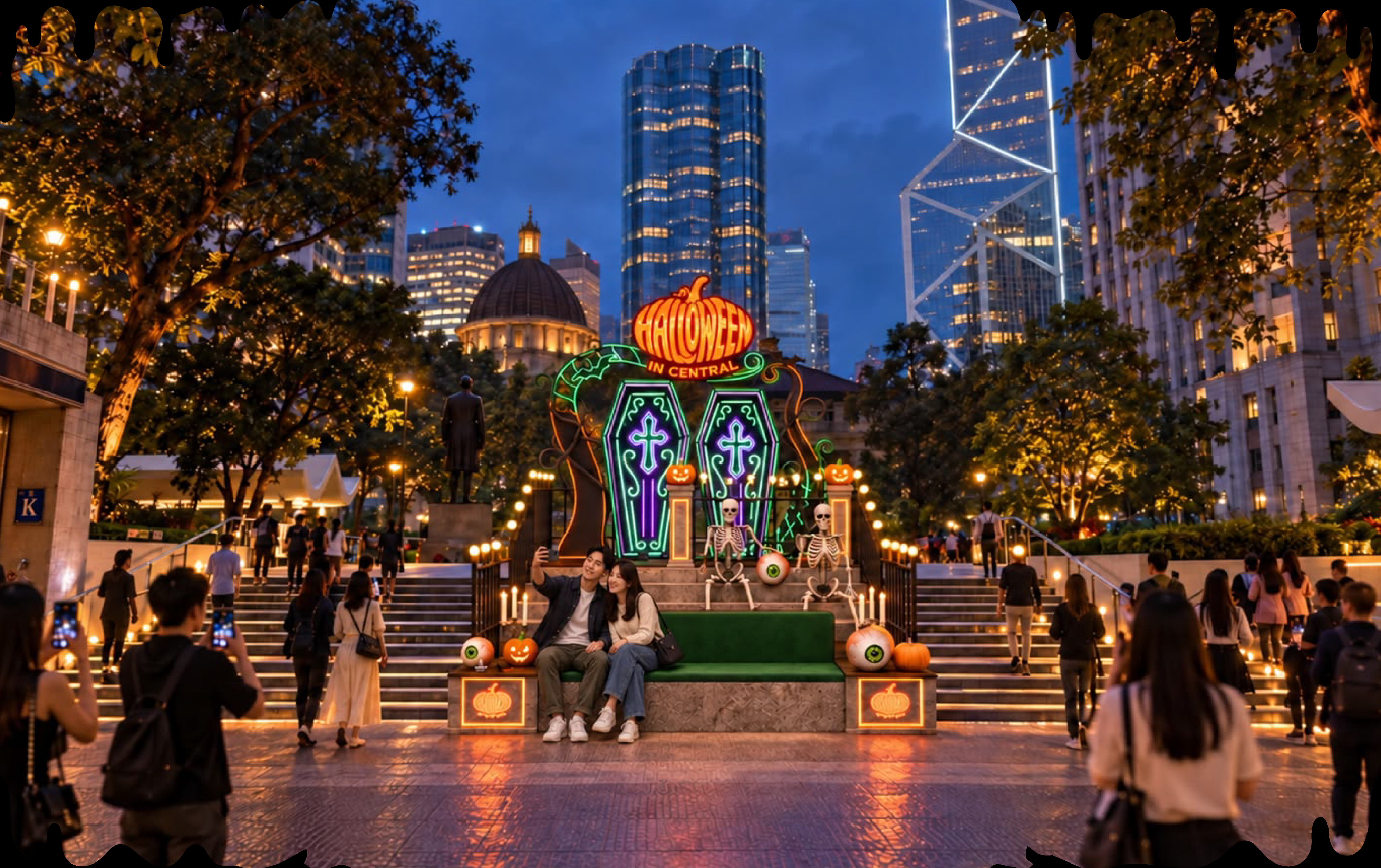 Illuminated coffins and skeletons at Statue Square