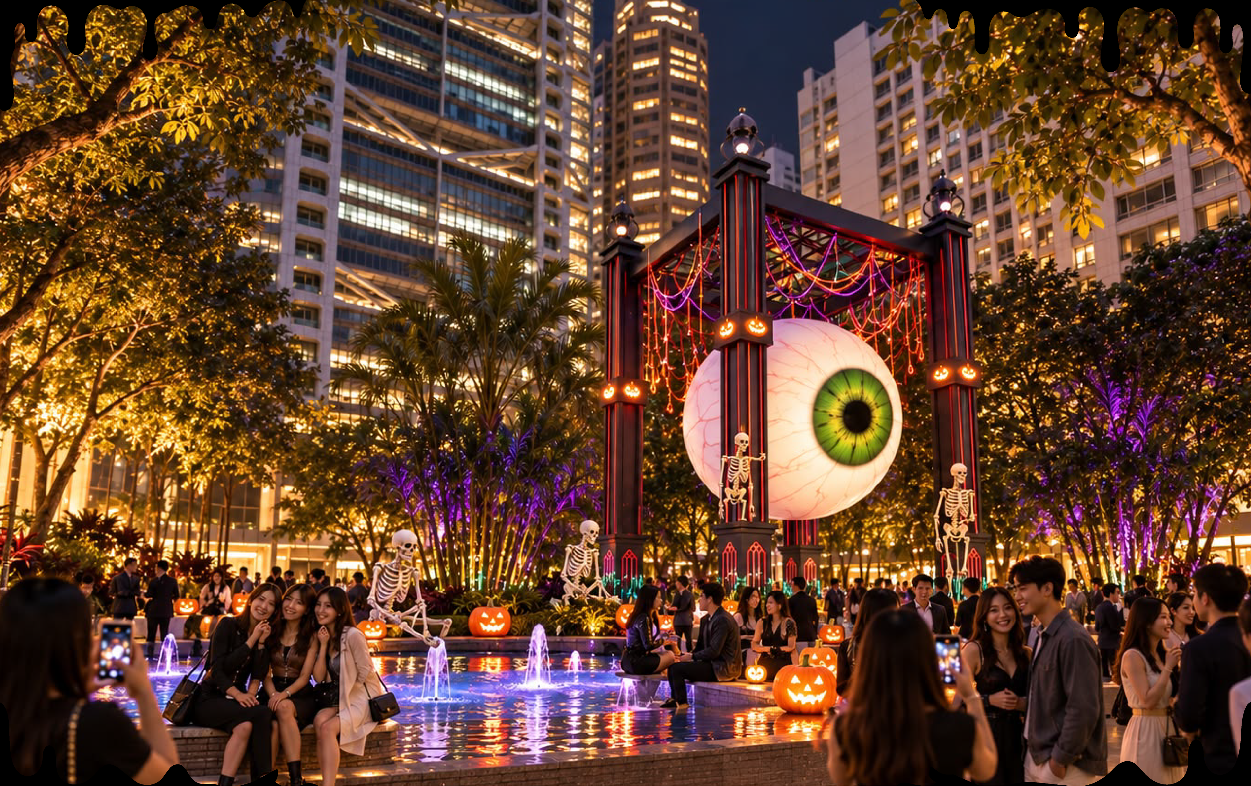 The giant eyeball and fountain glowing at night in Statue Square